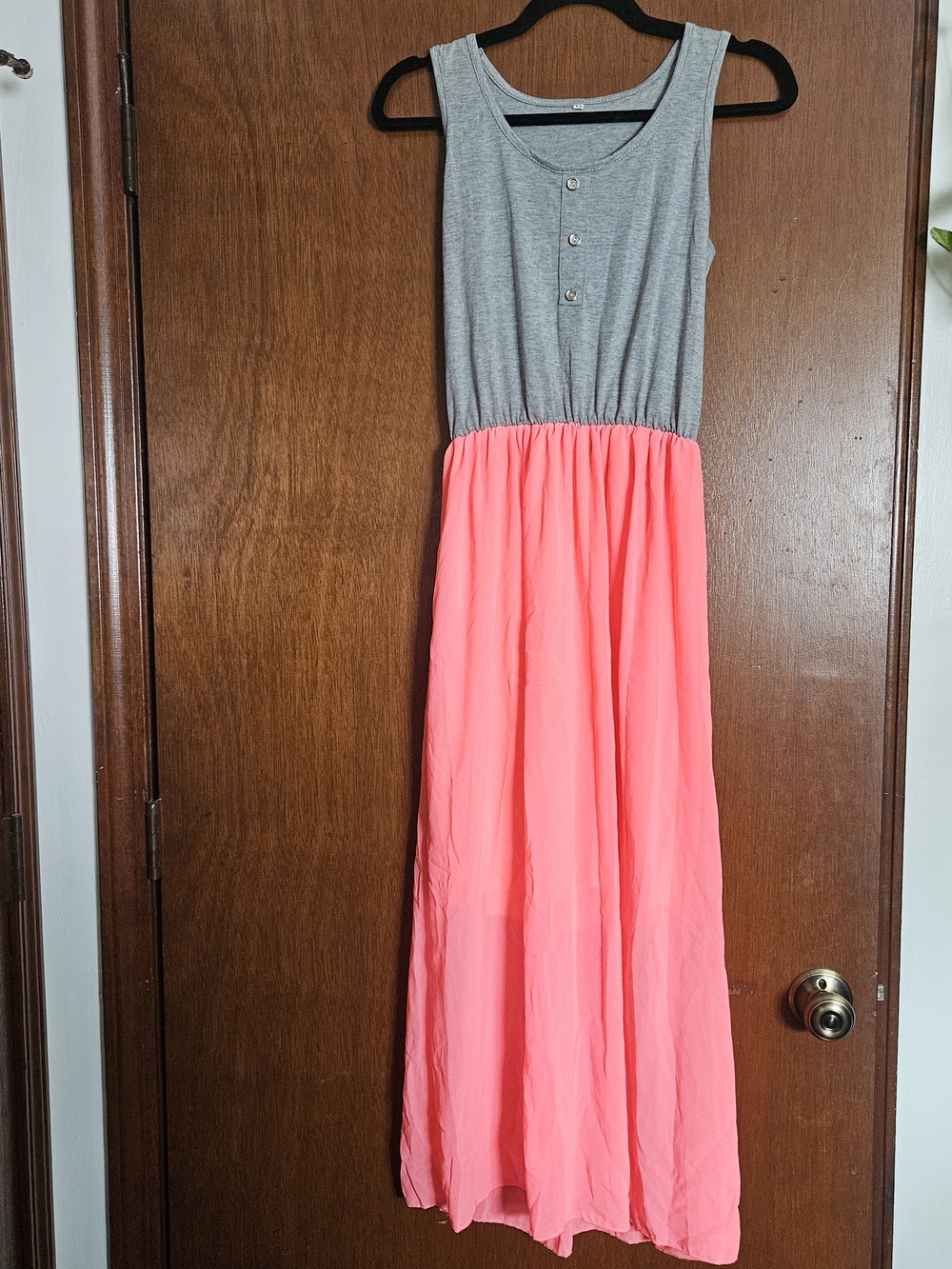Sleeveless Gray & Coral Pink Maxi Dress with Button-Front Bodice